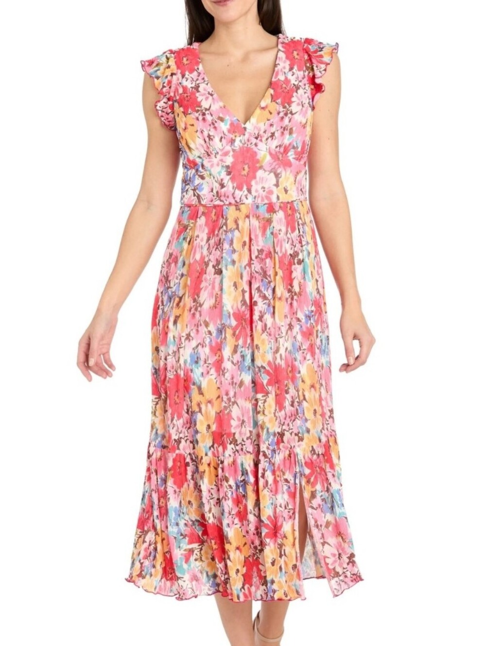 R&M Richards NWT Floral Pleated Midi Dress Size 10 Flutter Sleeve Wedding Guest